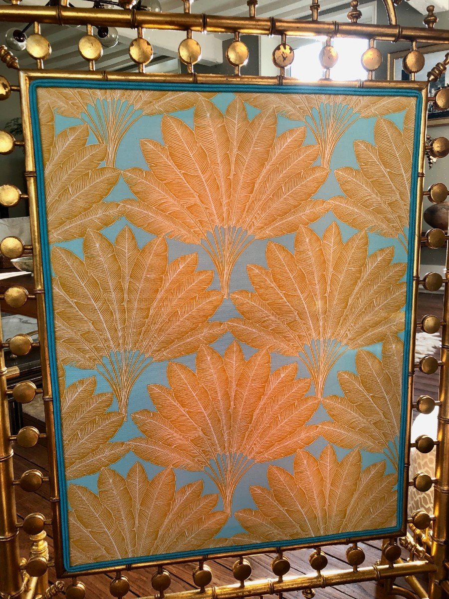 19th Century Napoleon III Gilded Bamboo Style Wood Fire Screen, Completely Reupholstered-photo-2