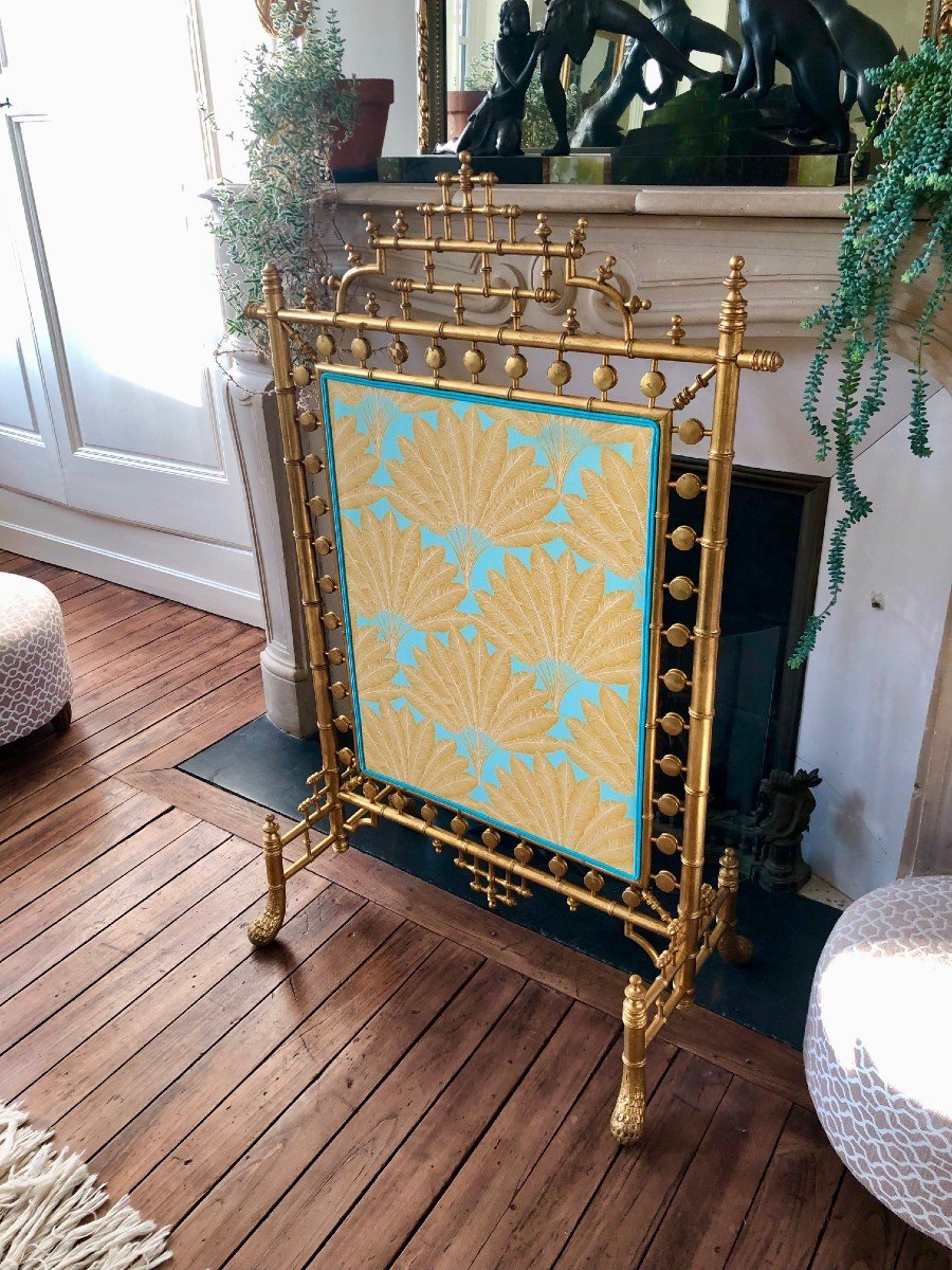 19th Century Napoleon III Gilded Bamboo Style Wood Fire Screen, Completely Reupholstered-photo-3