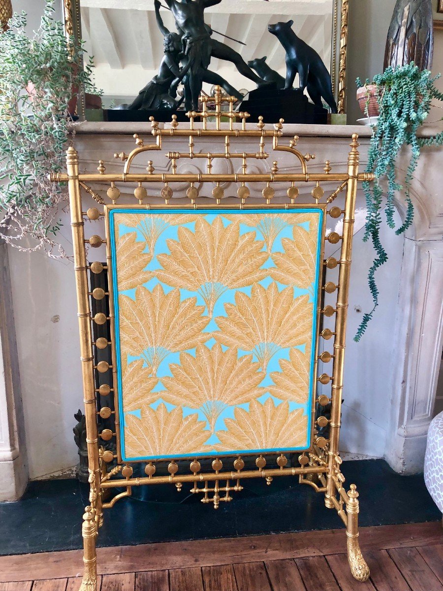 19th Century Napoleon III Gilded Bamboo Style Wood Fire Screen, Completely Reupholstered-photo-4