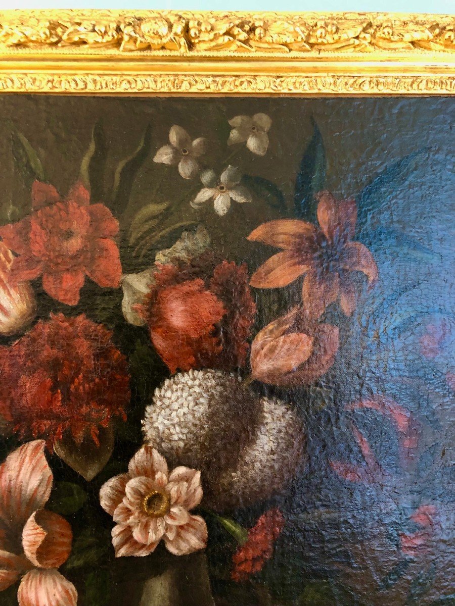 Italian School 18th Century: Bouquet Of Flowers Oil On Canvas -photo-2