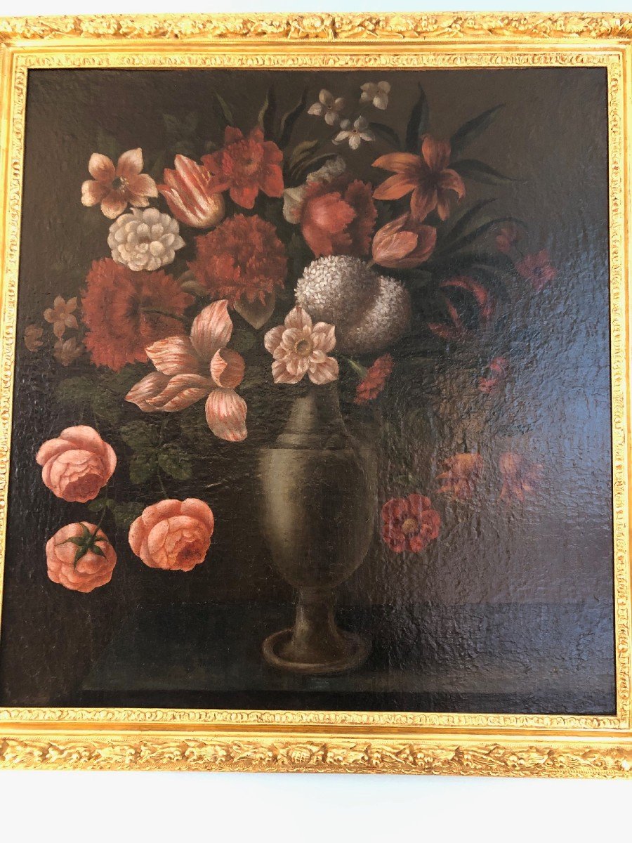 Italian School 18th Century: Bouquet Of Flowers Oil On Canvas -photo-4