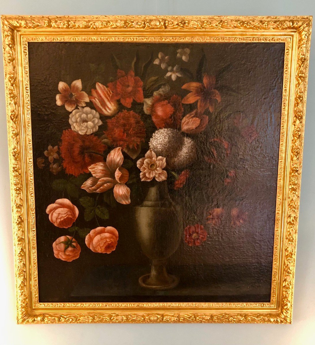 Italian School 18th Century: Bouquet Of Flowers Oil On Canvas 