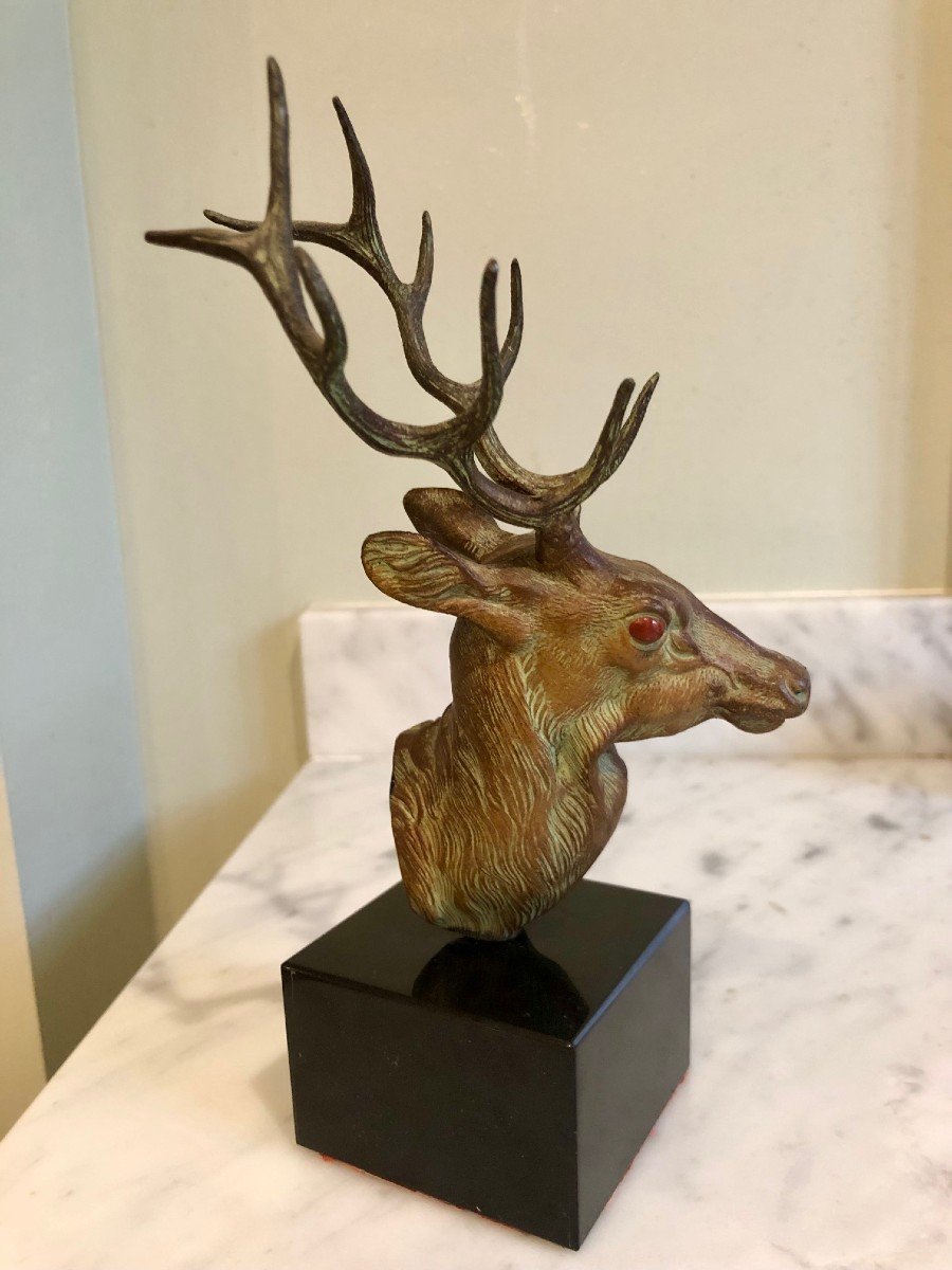 Petite Tête De Cerf En Bronze Sur Socle Marbre Noir, Belle Patine 