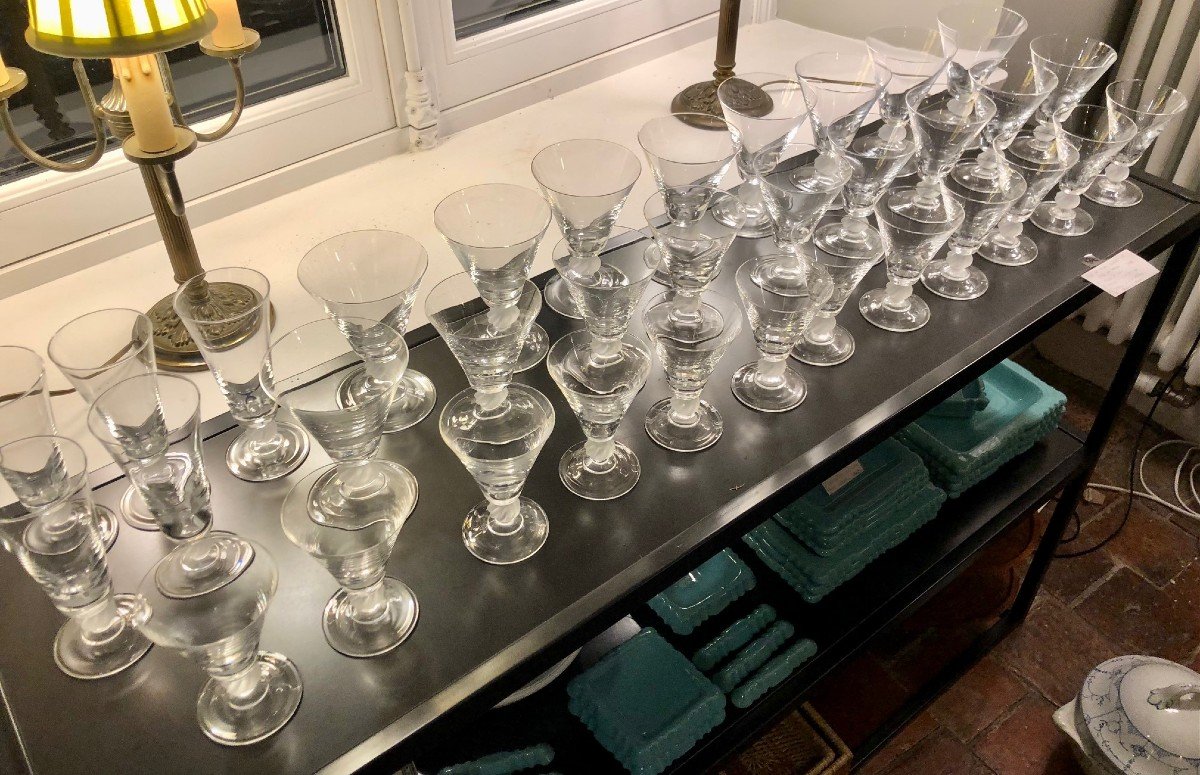 Set Of 34 Art Deco Crystal Stemmed Glasses, Tulip Shape-photo-2