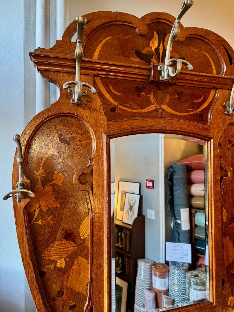 Large Art Nouveau Oak Cloakroom With Flower Marquetry -photo-3