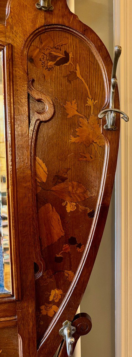 Large Art Nouveau Oak Cloakroom With Flower Marquetry -photo-1