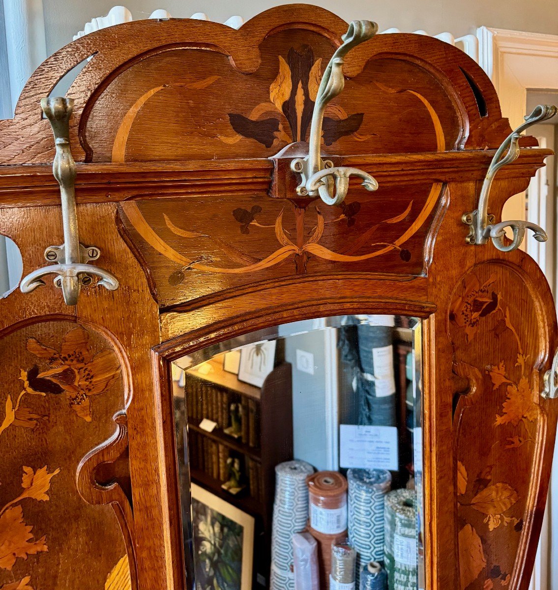 Large Art Nouveau Oak Cloakroom With Flower Marquetry -photo-3