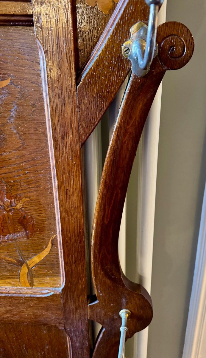 Large Art Nouveau Oak Cloakroom With Flower Marquetry -photo-4