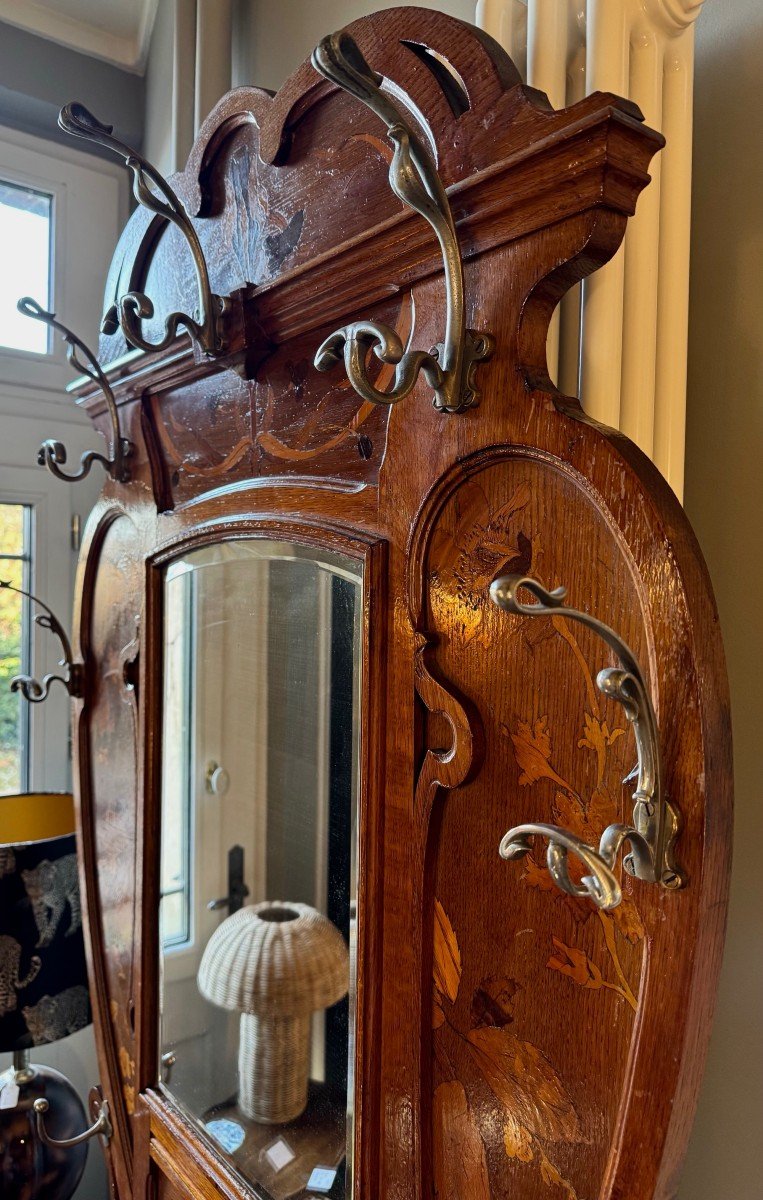 Large Art Nouveau Oak Cloakroom With Flower Marquetry -photo-7