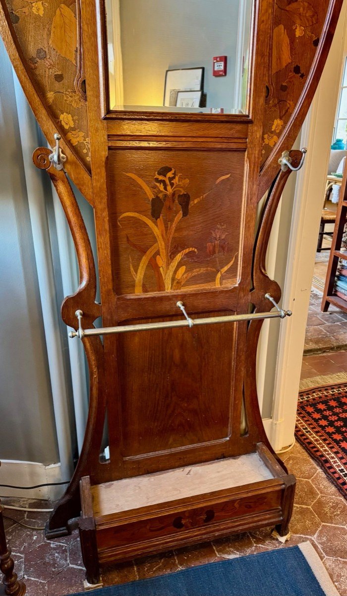 Large Art Nouveau Oak Cloakroom With Flower Marquetry -photo-8