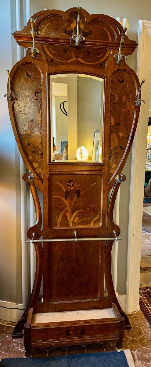 Large Art Nouveau Oak Cloakroom With Flower Marquetry 