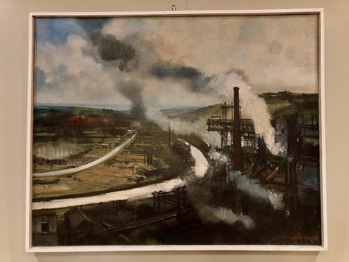 Jean Thomas (1923 - 2019) "usines à Outreau" Grande Huile Sur Toile Signée Et Datée 1972 