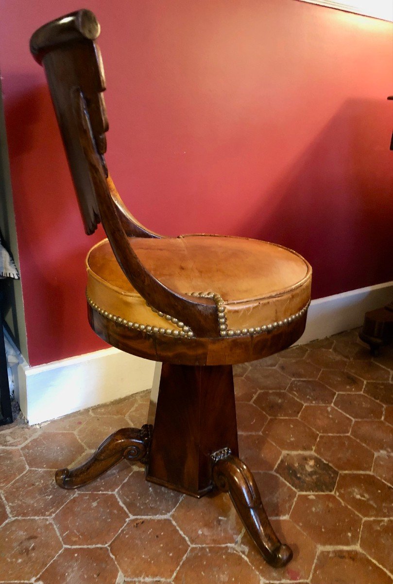 Chaise De Harpiste XIXe En Acajou, époque Restauration, Assise En Cuir Fauve-photo-4