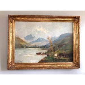 Godchaux Animated Mountain Lake, Large Oil On Canvas Well Framed