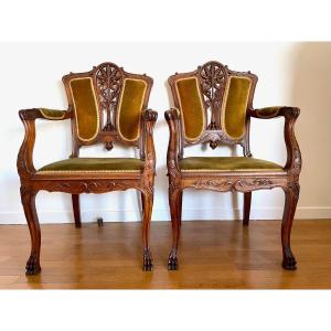 Pair Of Art Nouveau Walnut Armchairs