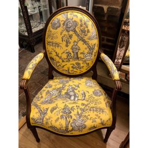 19th Century Medallion Armchair Stamped, Reupholstered Toile De Jouy