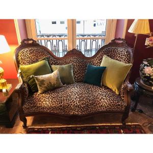 Napoleon III Sofa In Mahogany, Panther Velvet Fabric Madeleine Castaing Style