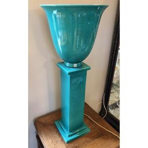 Art Deco Basin And Column Lamp In Turquoise Enameled Ceramic 