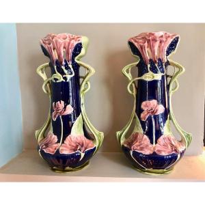 Pair Of Art Nouveau Barbotine Vases Decorated With Flowers 