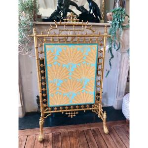 19th Century Napoleon III Gilded Bamboo Style Wood Fire Screen, Completely Reupholstered