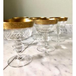 Set Of 6 Champagne Glasses From Cristallerie De Bayel, Golden Rim 