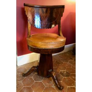 19th Century Mahogany Harpist Chair, Restoration Period, Tan Leather Seat