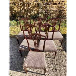 6 English Mahogany Chairs With 19th Century Sheaf Backs, Reupholstered Seats 