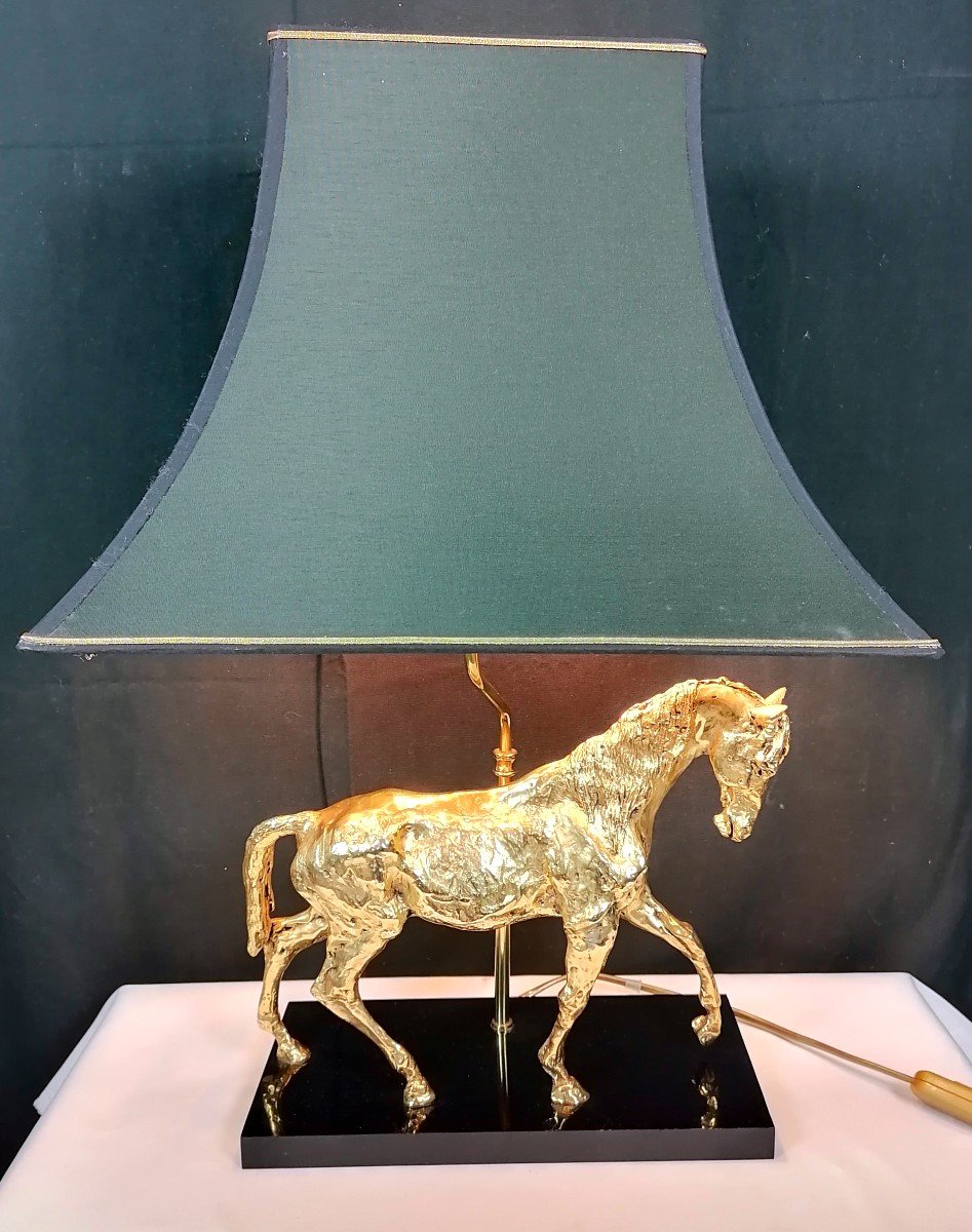 Proantic: Lampe De Table Cheval Bronze Doré 1970