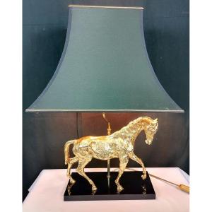 Proantic: Lampe De Table Cheval Bronze Doré 1970