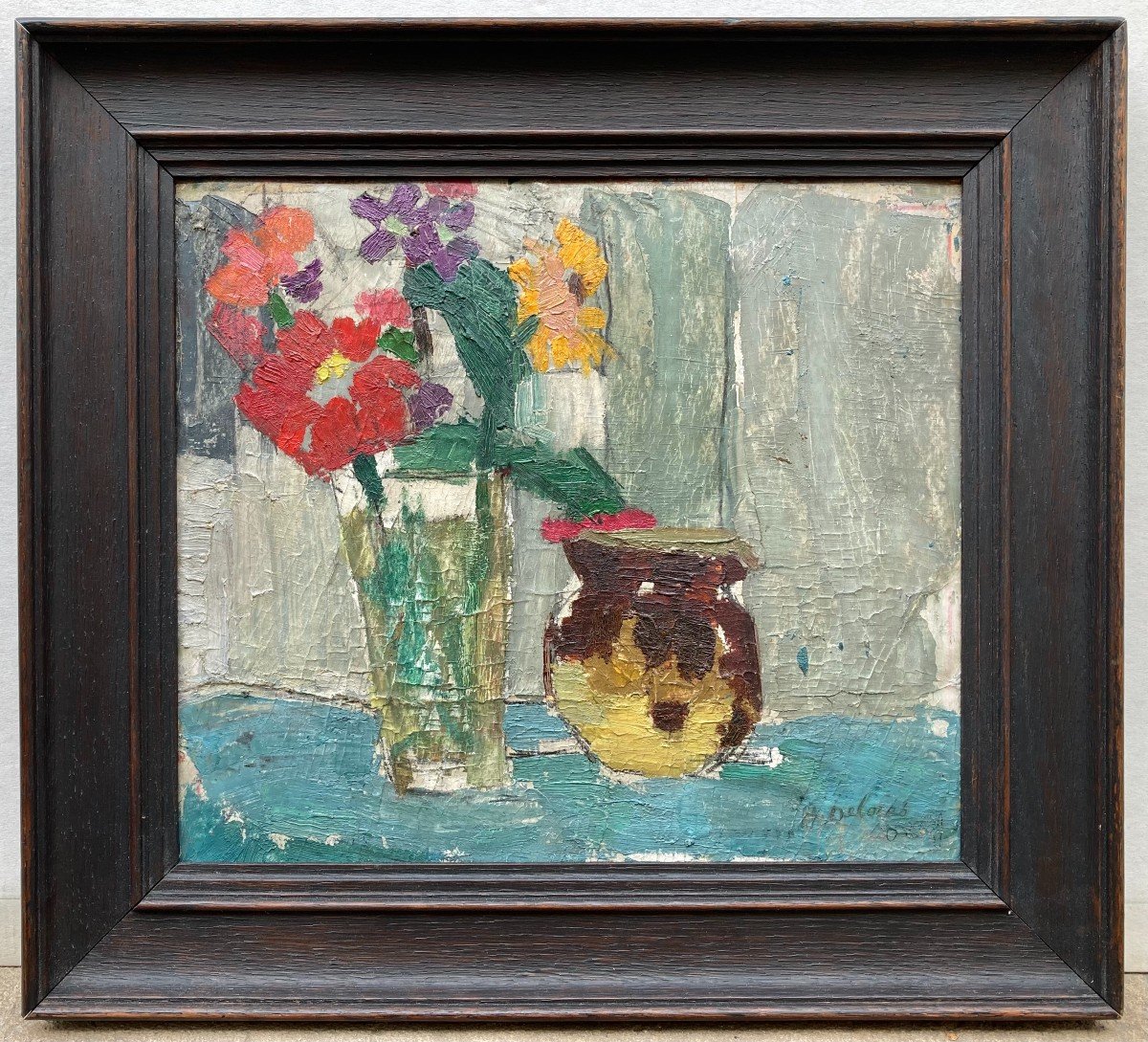 Henriette Deloras (1901-1941). Fleurs Et Vase. Huile Sur Carton, Signée En Bas à Droite.-photo-2