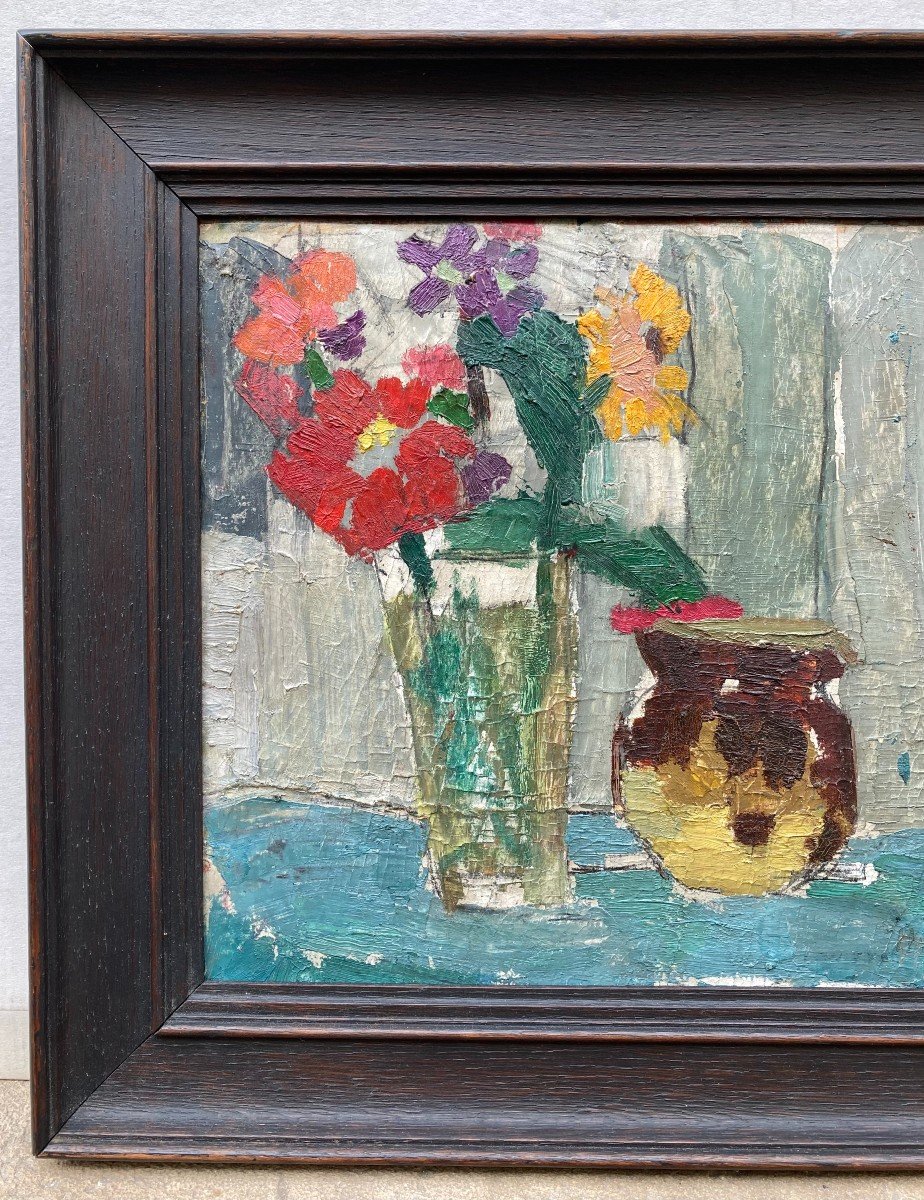 Henriette Deloras (1901-1941). Fleurs Et Vase. Huile Sur Carton, Signée En Bas à Droite.-photo-1