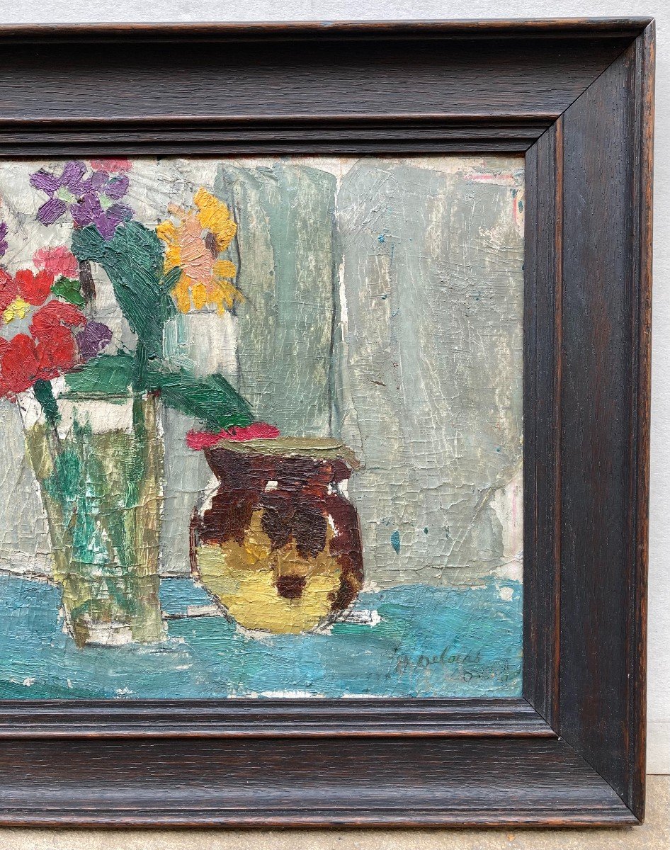 Henriette Deloras (1901-1941). Fleurs Et Vase. Huile Sur Carton, Signée En Bas à Droite.-photo-2