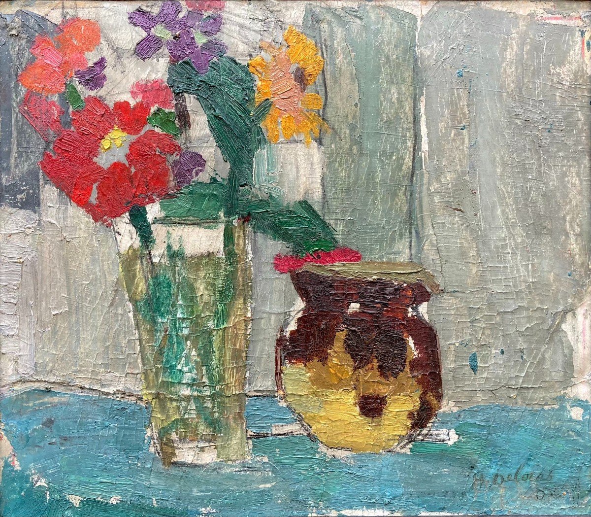 Henriette Deloras (1901-1941). Fleurs Et Vase. Huile Sur Carton, Signée En Bas à Droite.