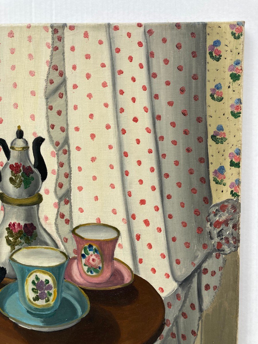 Juliette Juvin (1891-1978). L’heure Du Thé, 1929. Huile Sur Toile, Signée Et Datée.-photo-3