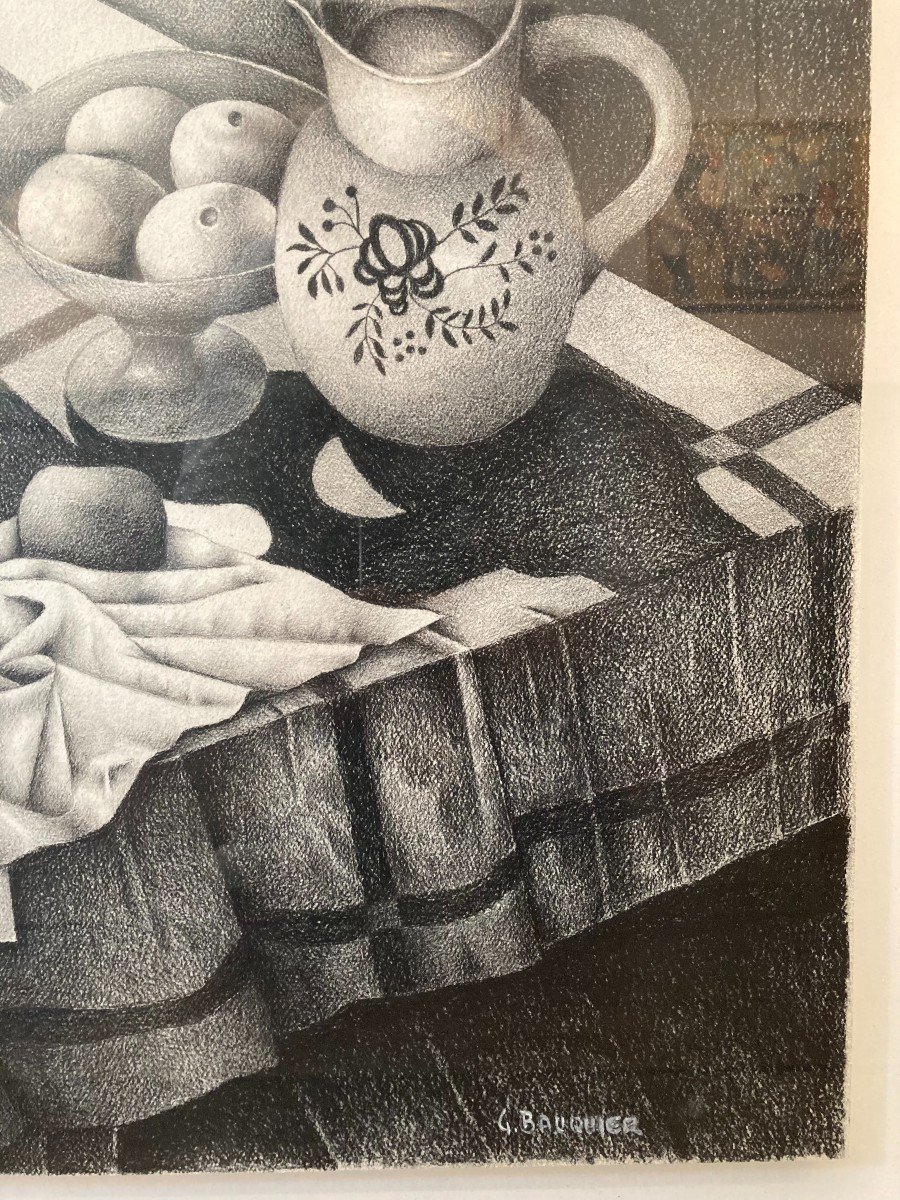 Georges Bauquier (1910-1997). Nature Morte Au Compotier, 1968. Charcoal On Paper, Signed, Titled.-photo-4