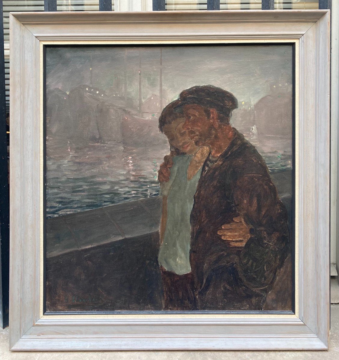 Herman Eberstein (1906-1964). Couple Walking In The Harbor. Oil On Canvas, Signed.-photo-2