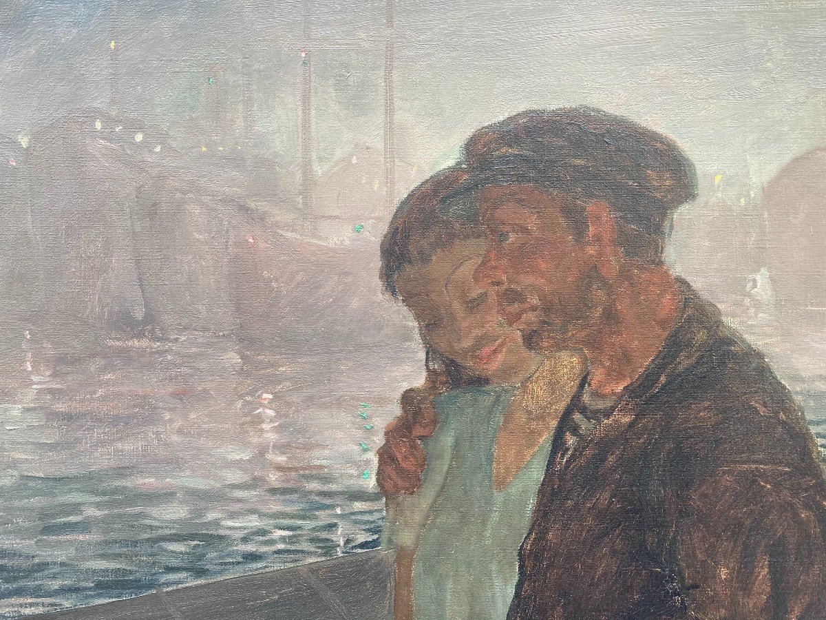 Herman Eberstein (1906-1964). Couple Walking In The Harbor. Oil On Canvas, Signed.-photo-4
