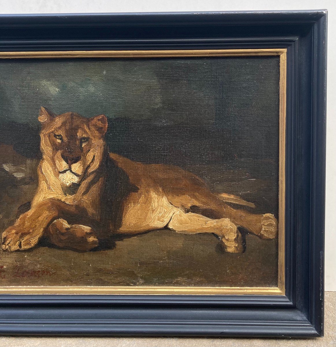 Auguste Lançon (1836-1887). Lionne Couchée. Huile Sur Toile, Signée En Bas à Gauche.-photo-2