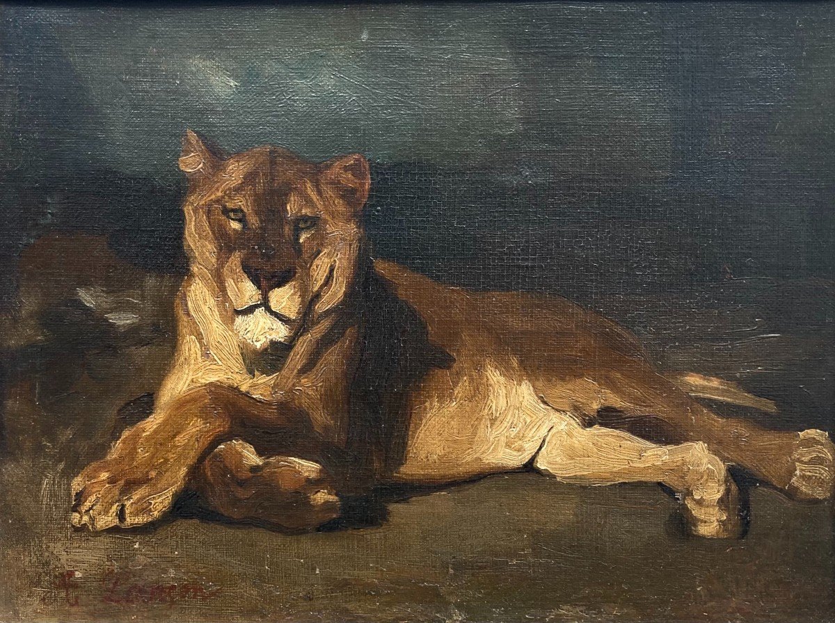 Auguste Lançon (1836-1887). Lionne Couchée. Huile Sur Toile, Signée En Bas à Gauche.