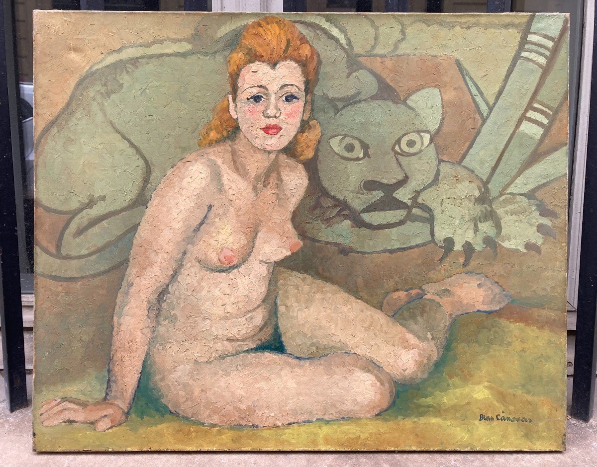 Blas Canovas (1903-1983). La Jeune Femme Et Le Tigre, Circa 1950. Huile Sur Toile, Signée.-photo-2