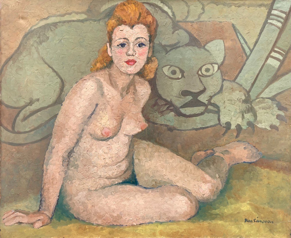 Blas Canovas (1903-1983). La Jeune Femme Et Le Tigre, Circa 1950. Huile Sur Toile, Signée.