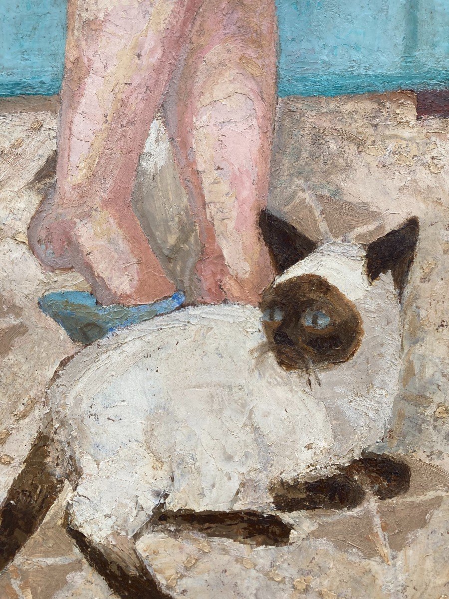 Pierre Roux (1891-1965). The Cat. Oil On Panel.-photo-3