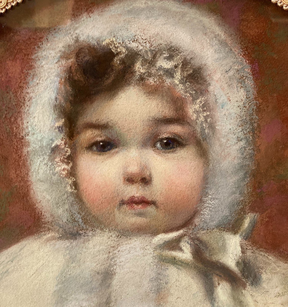 Ettore Brunini (1863-1943). Portrait Of A Child In White Fur. Pastel In Tondo.-photo-3