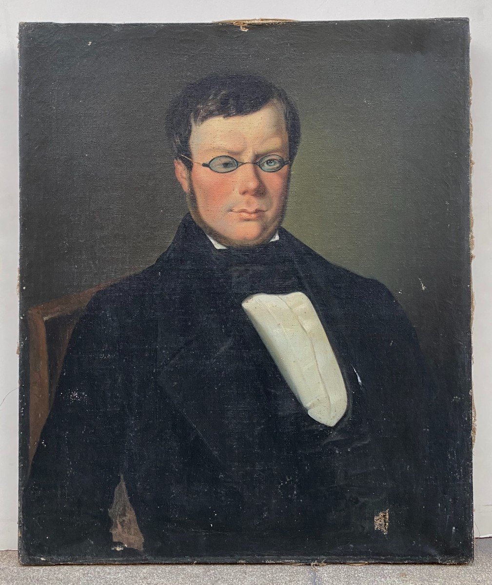 Ecole Française Du XIXème Siècle. Portrait D’homme Aux Lunettes. Huile Sur Toile.-photo-2