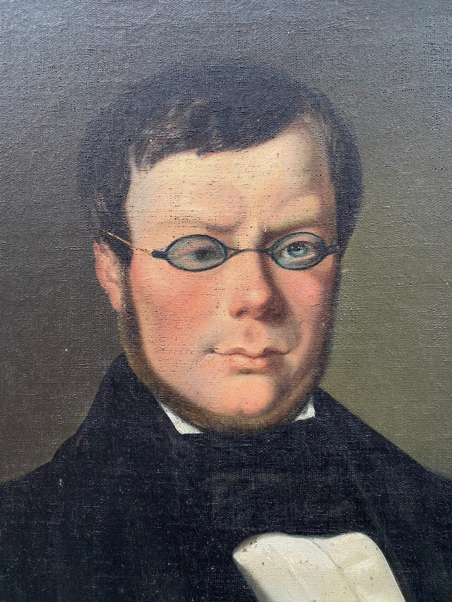 Ecole Française Du XIXème Siècle. Portrait D’homme Aux Lunettes. Huile Sur Toile.-photo-1