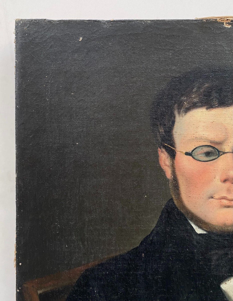 Ecole Française Du XIXème Siècle. Portrait D’homme Aux Lunettes. Huile Sur Toile.-photo-3