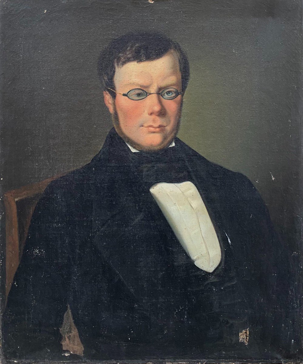 Ecole Française Du XIXème Siècle. Portrait D’homme Aux Lunettes. Huile Sur Toile.