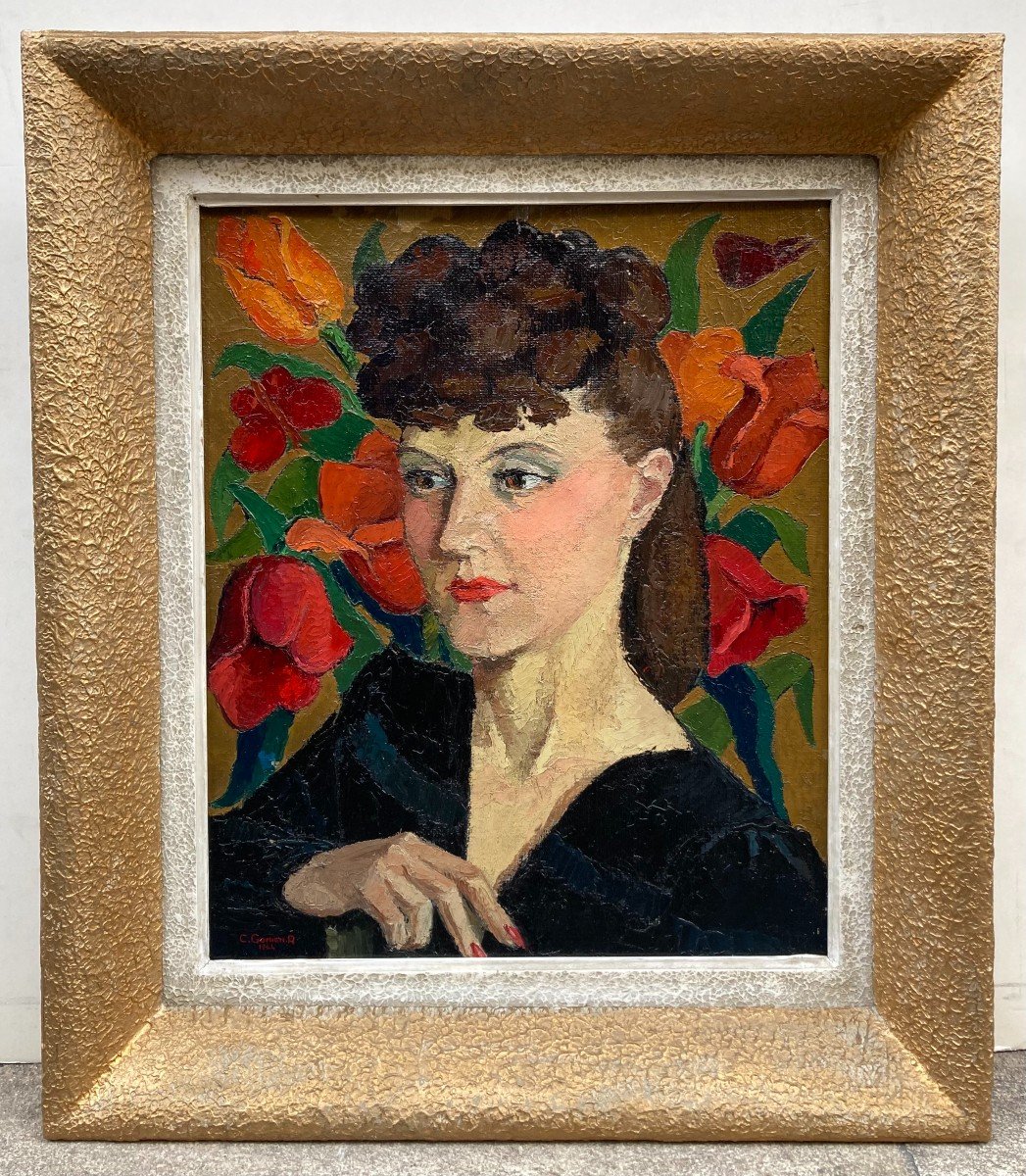 C. Gomien. R (active Circa 1930-1940). Portrait Of A Woman With Flowers And Butterflies, 1944. Oil-photo-2