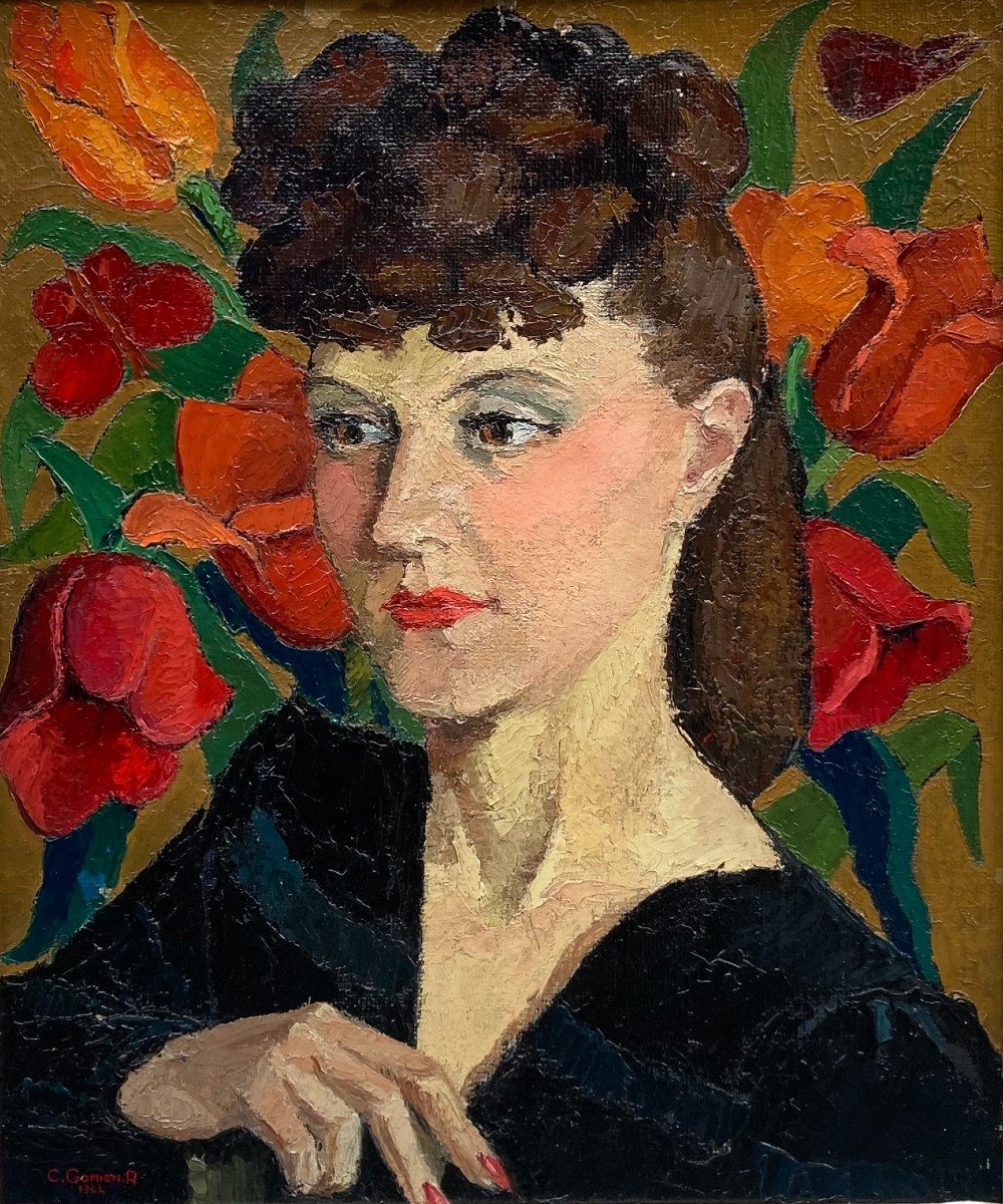 C. Gomien. R (active Circa 1930-1940). Portrait Of A Woman With Flowers And Butterflies, 1944. Oil