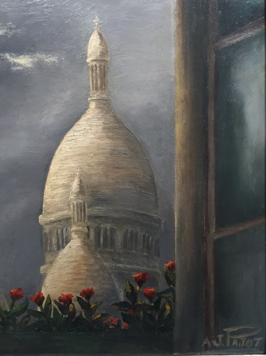 A.J Pajot (XXe). Basilique Du Sacré Coeur à Montmartre (Paris) Vue Depuis La Fenêtre. Huile.-photo-2